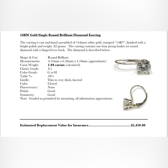 Beautiful 14KW 1.04 Carats Gold Round Brilliant Diamond Single Earring w/Cert! - Picture 2 of 5